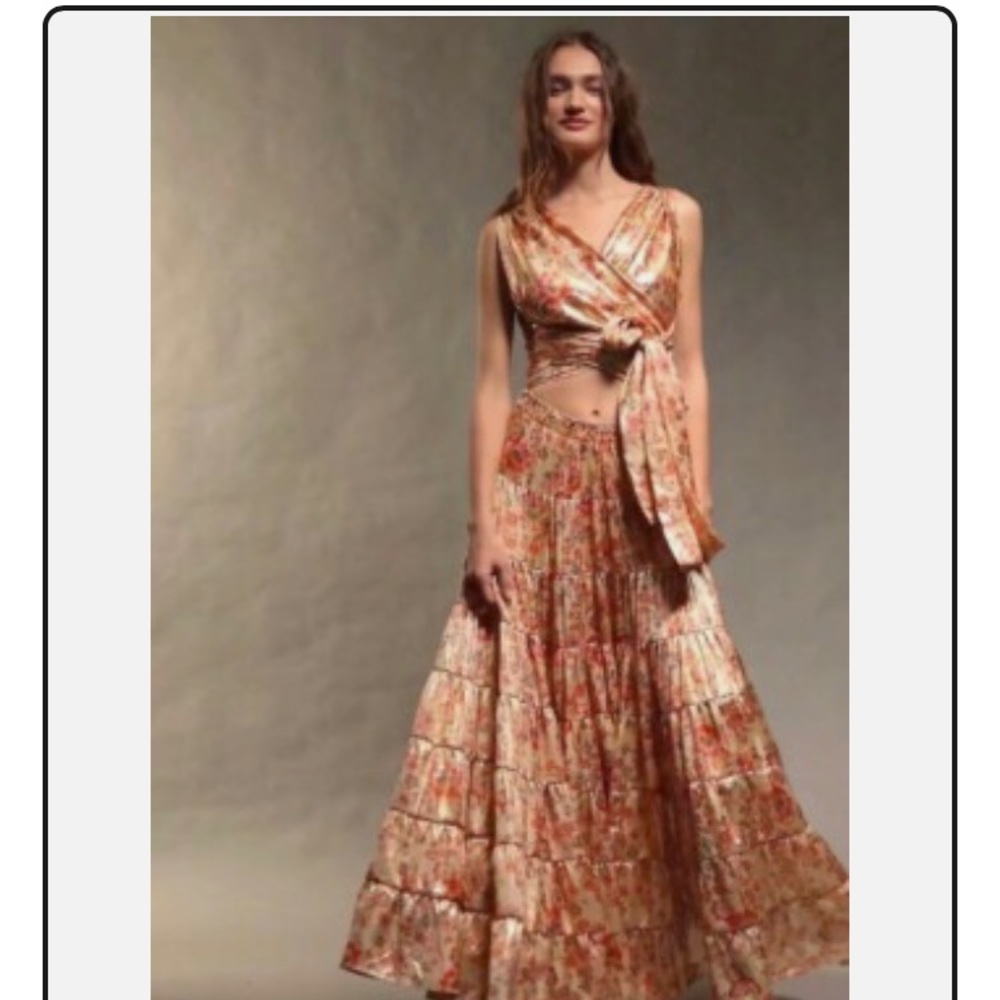 Free People Something Magical Gold and Red Maxi Sundress with Flutter Sleeves